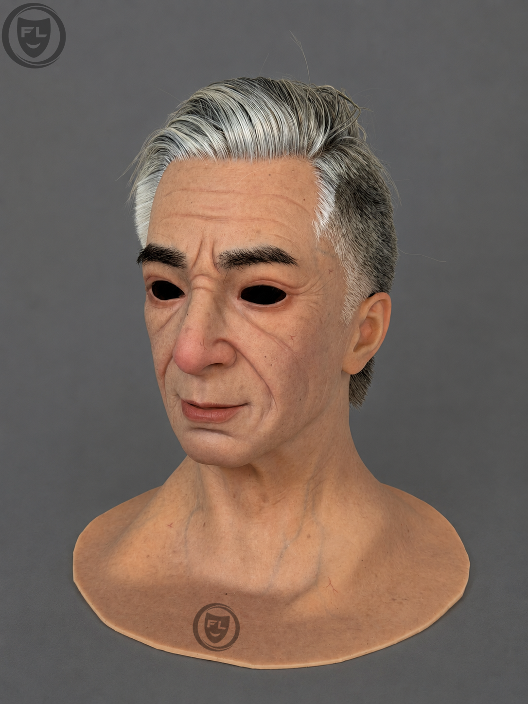 full head silicone mask right side profile with silver hair