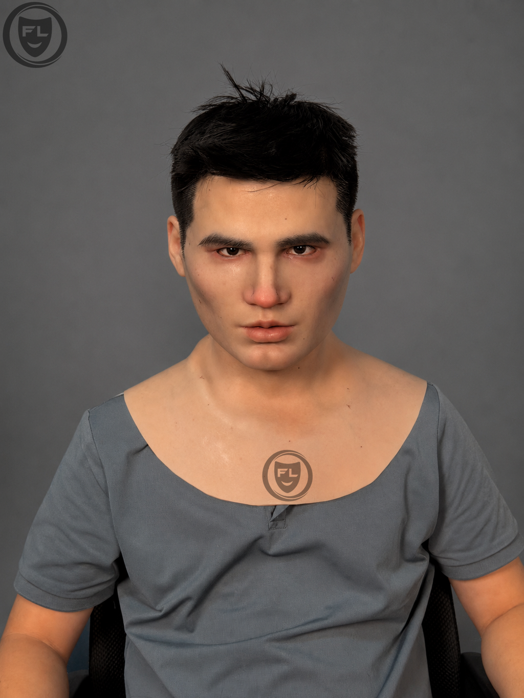 young male silicone mask with short black hair worn front view