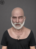 stern bald elderly male silicone mask worn front view