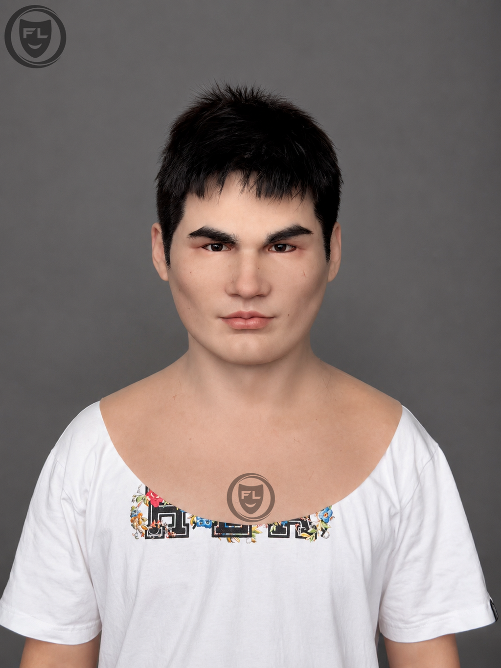 clean cut young male silicone mask worn front view