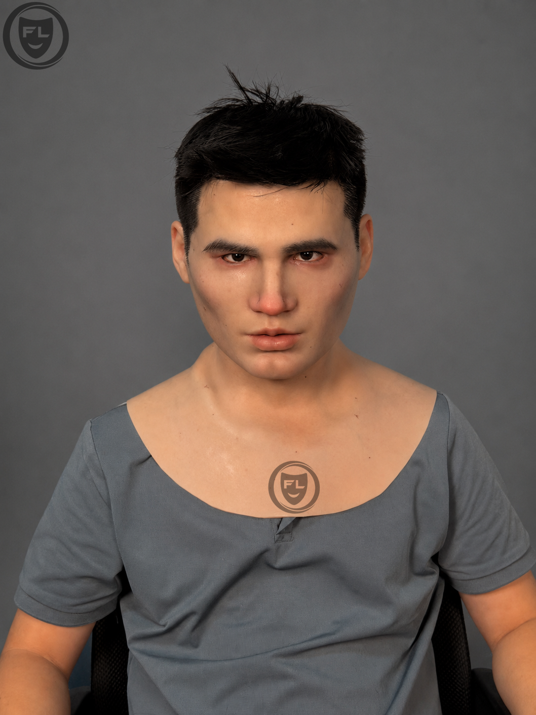 Full head young male silicone mask front wearing effect with neck coverage for cosplay and film props