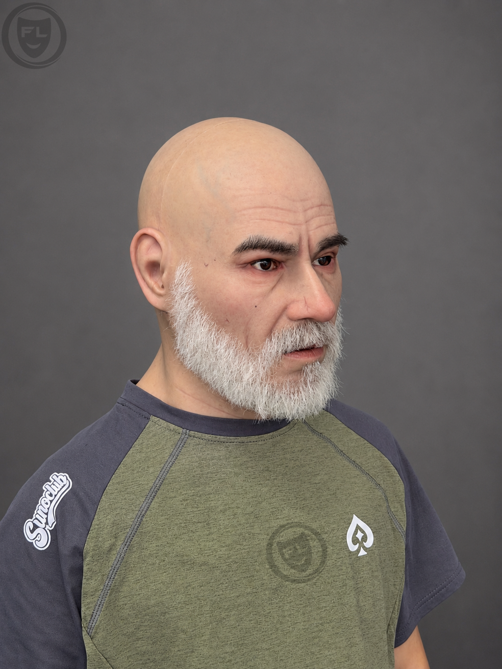 realistic elderly silicone mask worn side view