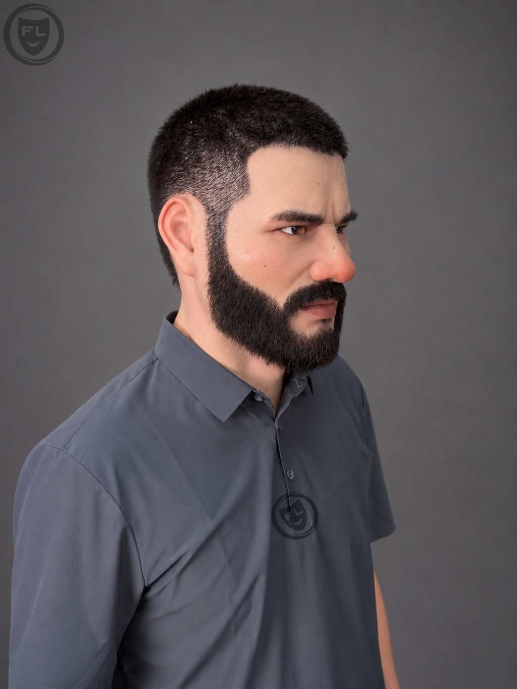 trimmed beard silicone mask three quarter side view