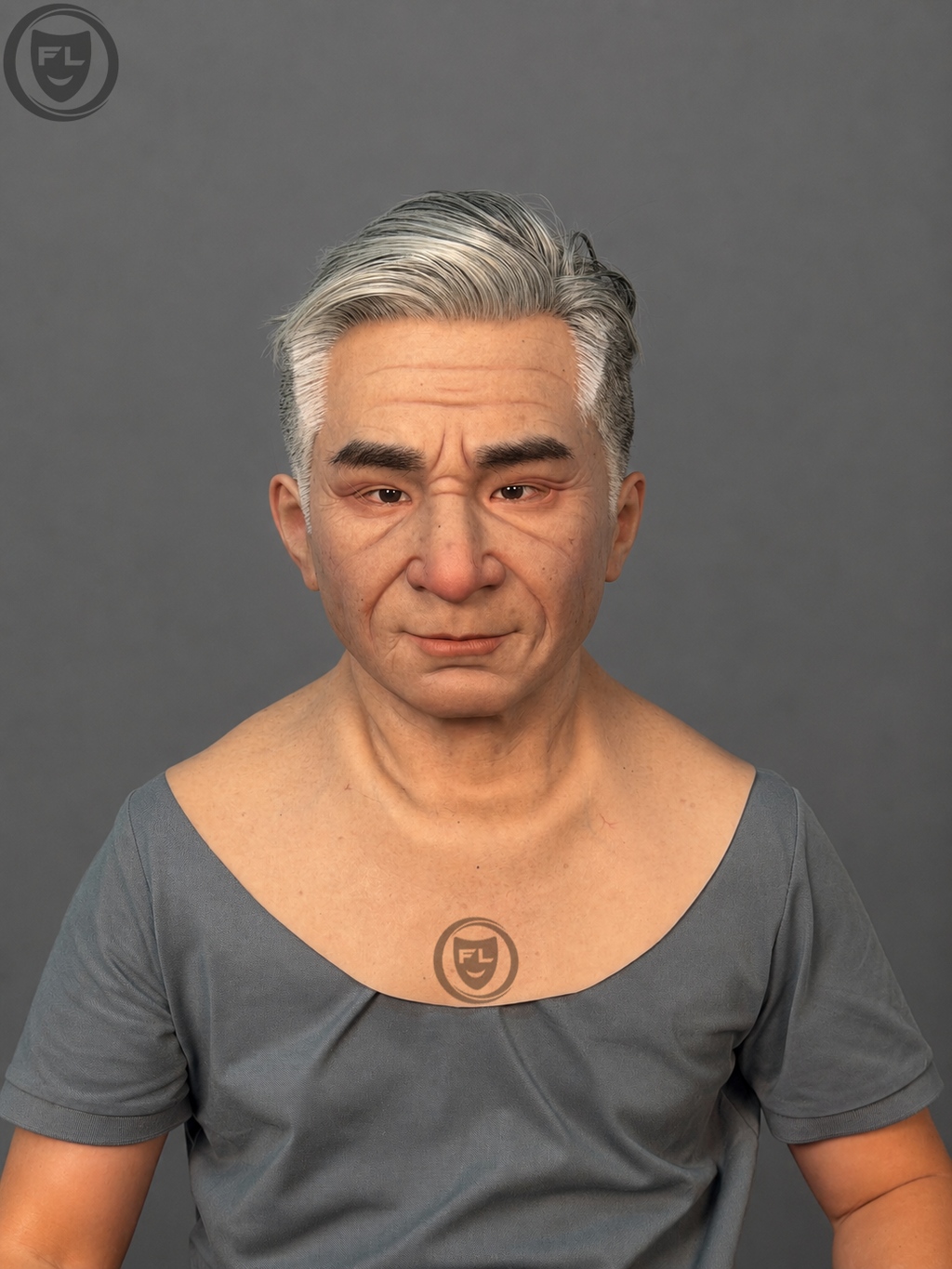 silver hair mature male silicone mask worn front view