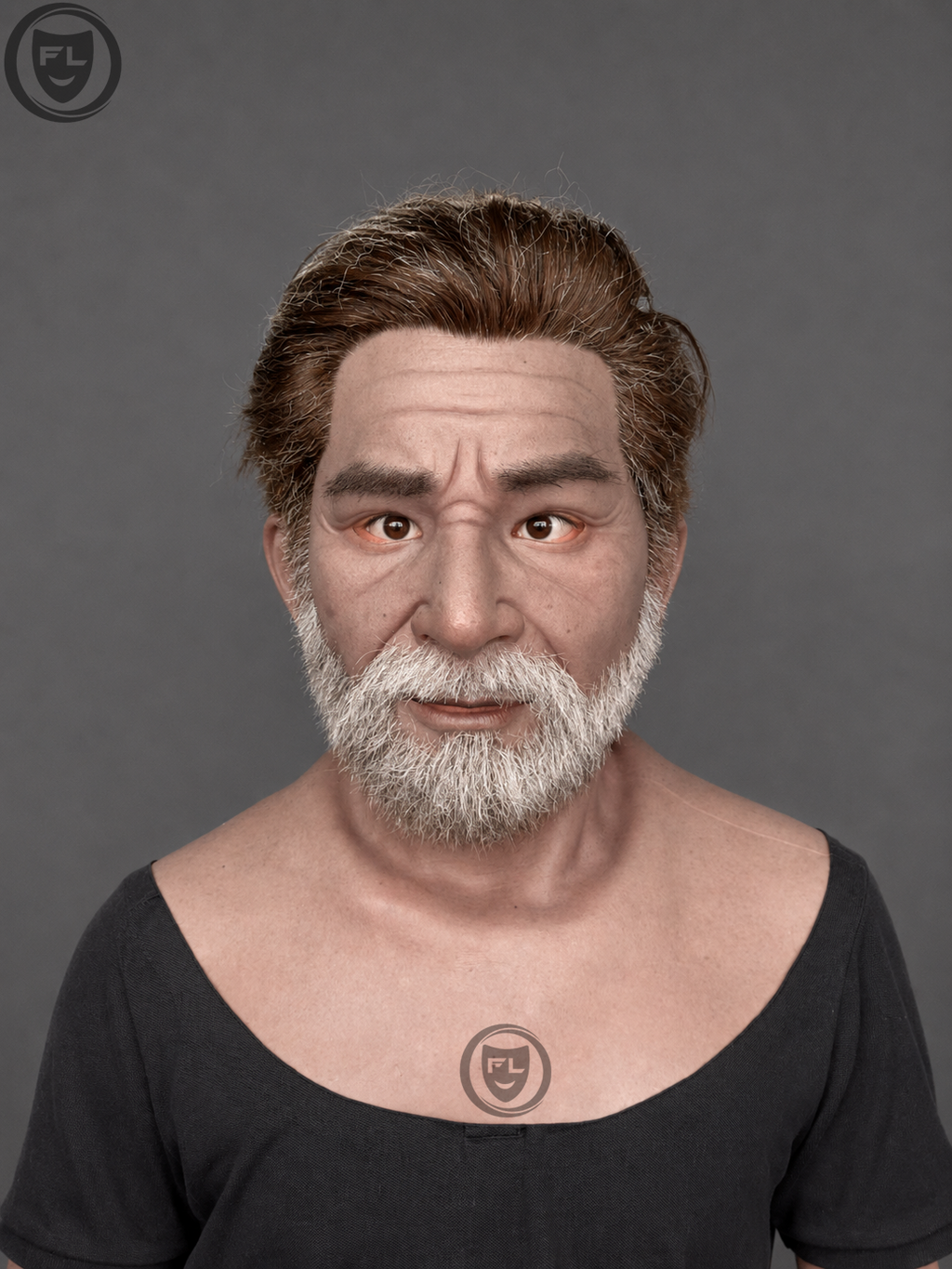 brown hair elderly male silicone mask worn front view
