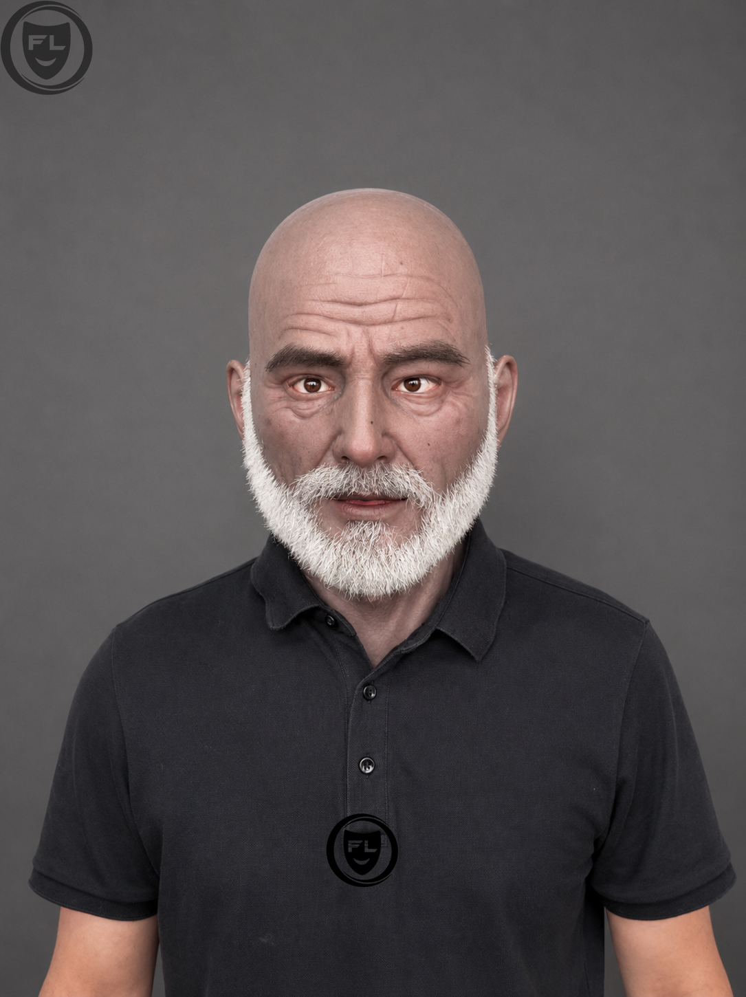 elderly male film production mask worn front view