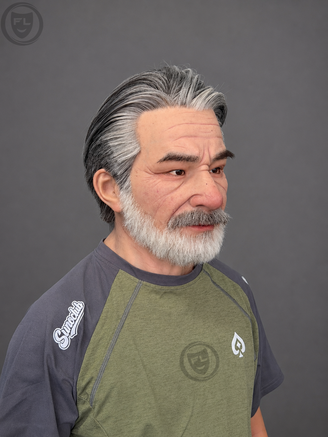 realistic elderly silicone mask worn side view