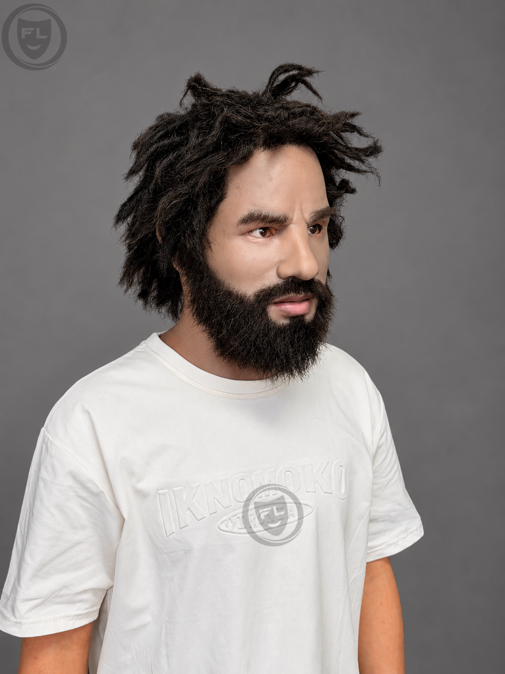 film production mask worn side view with beard