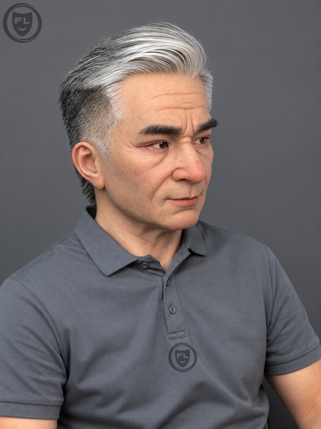 realistic silicone mask worn side view with silver hair