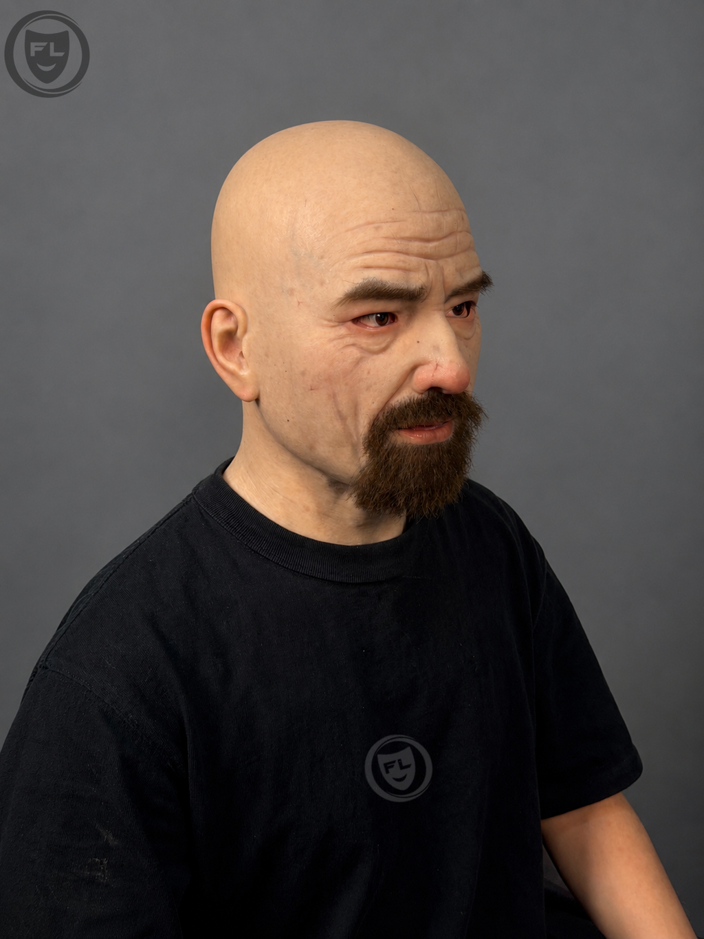 realistic silicone mask worn side view with beard