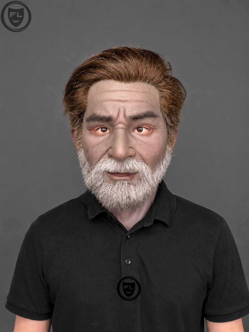 elderly male film production mask worn front view