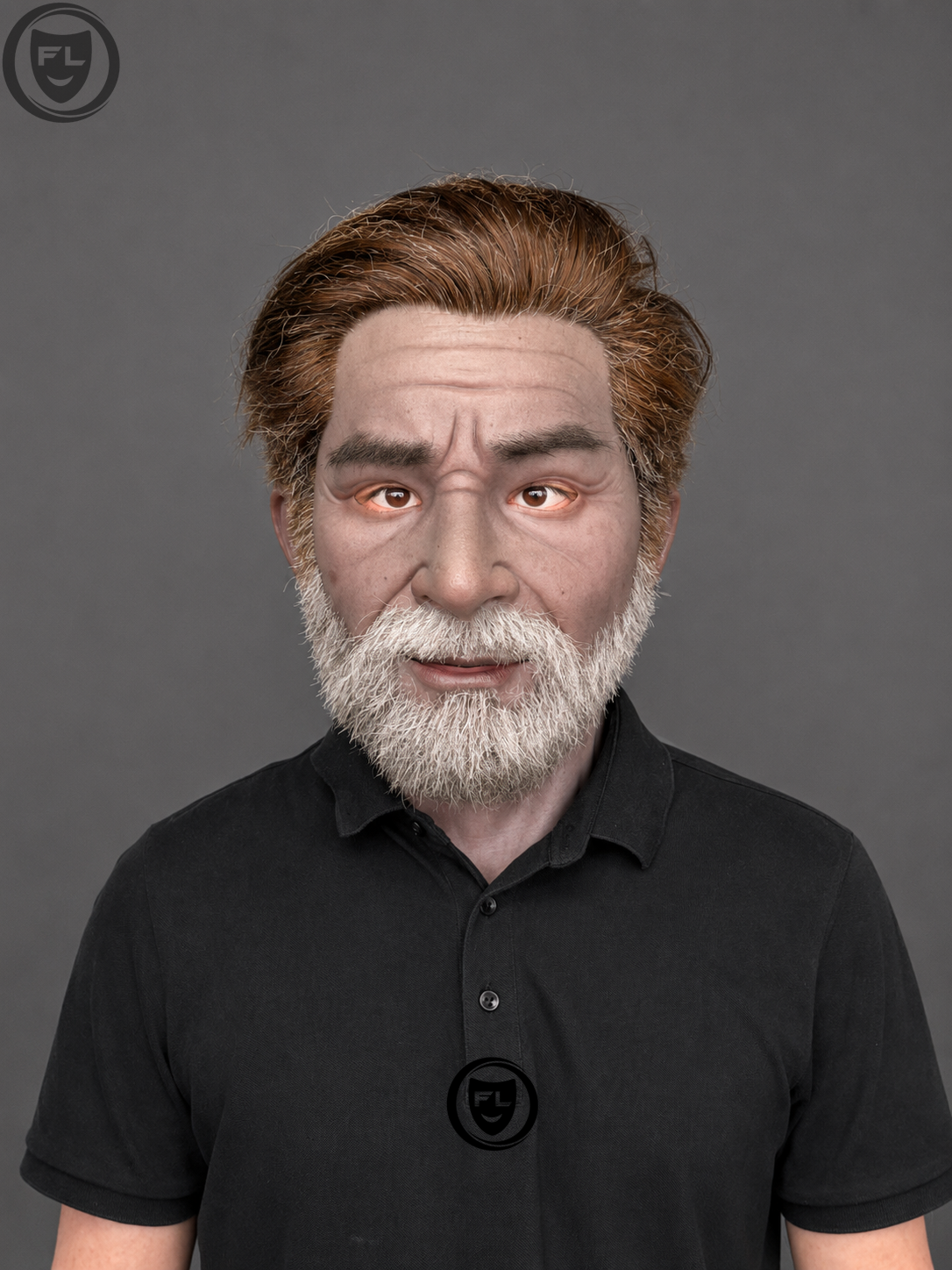 elderly male film production mask worn front view