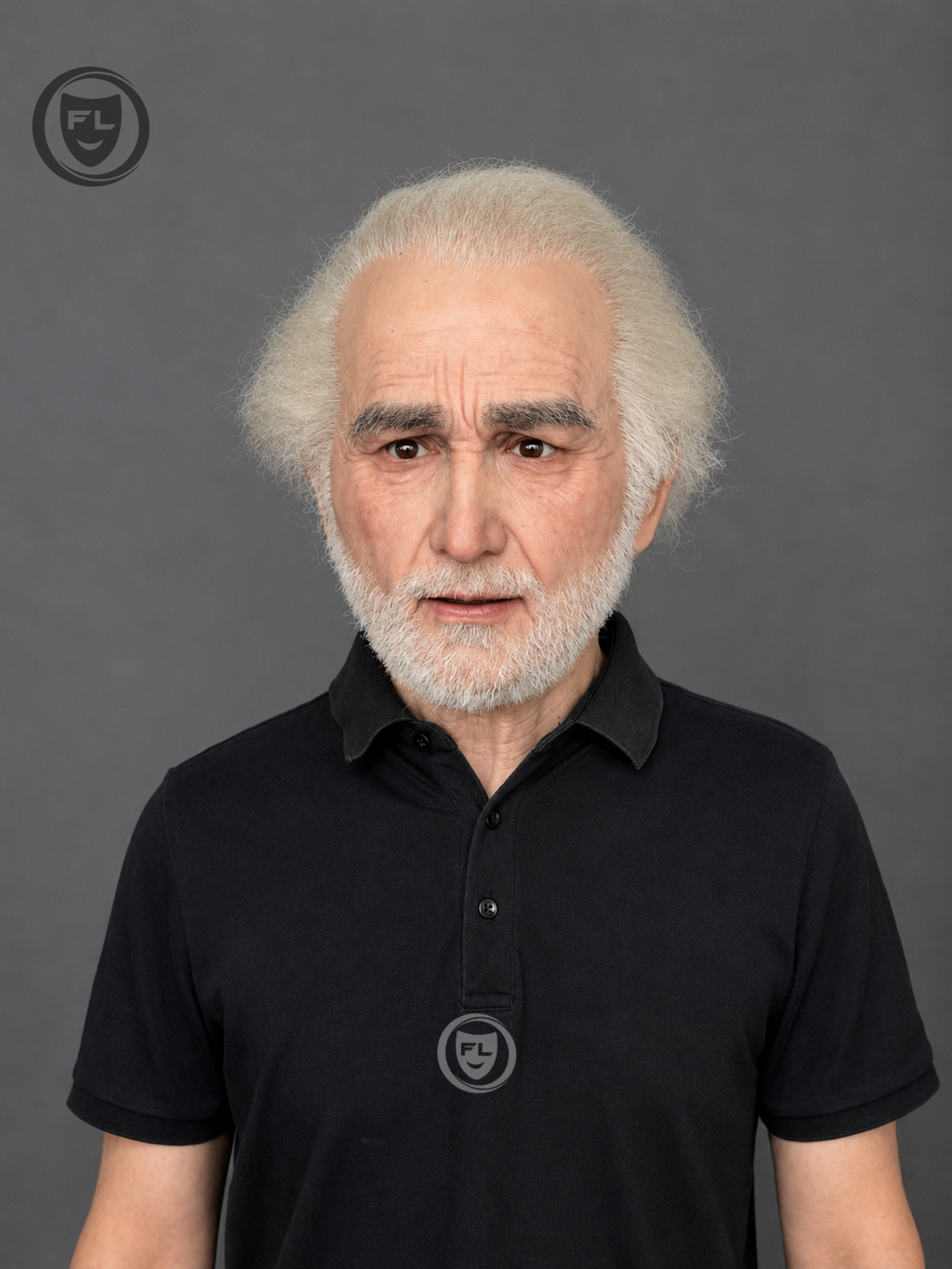 elderly male film production mask worn front view